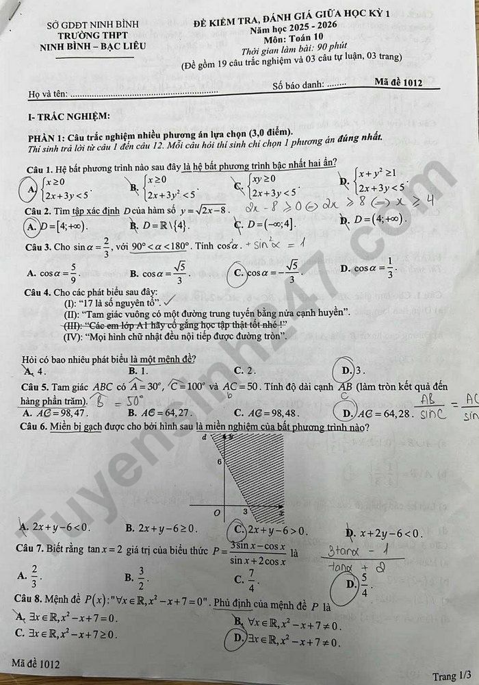 De thi giua ki 1 Toan lop 10 nam 2025 - THPT Ninh Binh-Bac Lieu