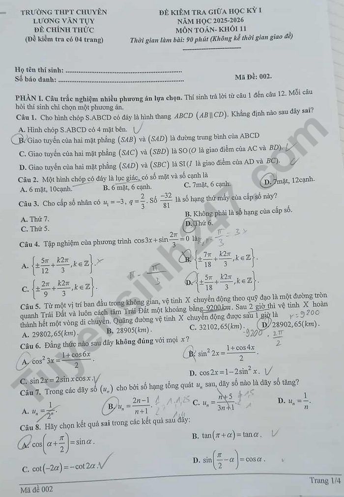 De thi giua ki 1 nam 2025 THPT Chuyen Luong Van Tuy - Toan lop 11