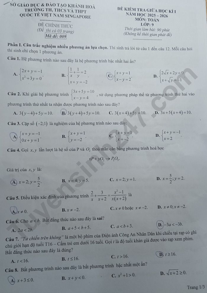 De thi giua hoc ki 1 lop 9 mon Toan 2025 - TH, THCS va THPT Quoc te Viet Nam Singapore