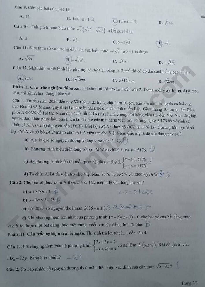 De thi giua hoc ki 1 lop 9 mon Toan 2025 - TH, THCS va THPT Quoc te Viet Nam Singapore