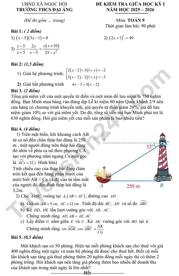 De thi giua ki 1 nam 2025 THCS Dai Ang - lop 9 mon Toan