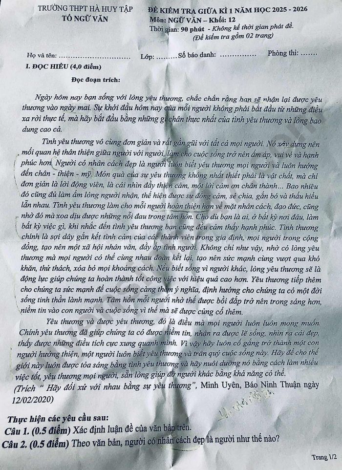 De thi giua ki 1 nam 2025 Van lop 12 - THPT Ha Huy Tap