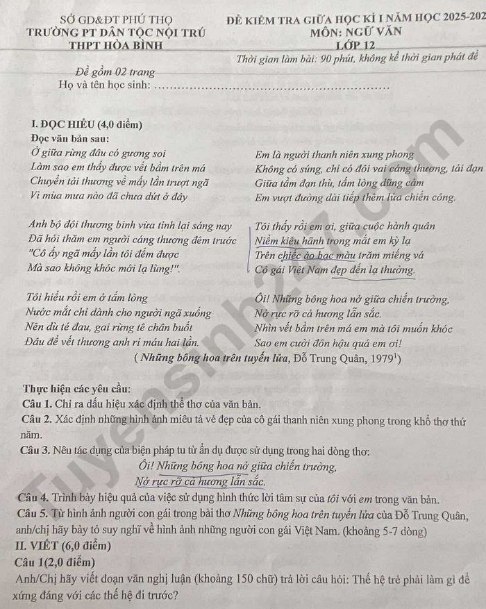 De thi giua ki 1 mon Van 12 - PT DTNT THPT Hoa Binh 2025