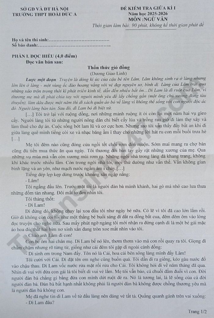 De thi giua HK1 nam 2025 mon Van 12 - THPT Hoai Duc A
