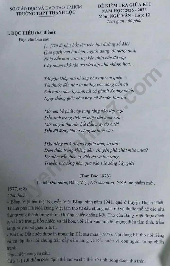 De thi giua ki 1 lop 12 mon Van 2025 - THPT Thanh Loc