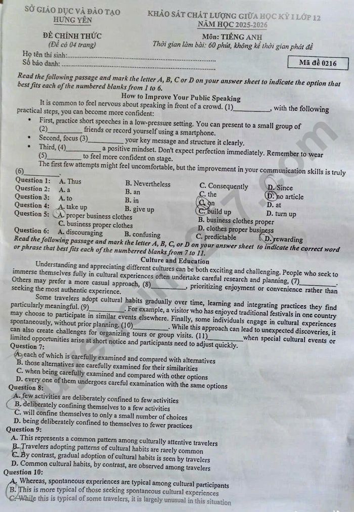 De thi giua hoc ki 1 lop 12 mon Anh 2025 - So GDDT Hung Yen