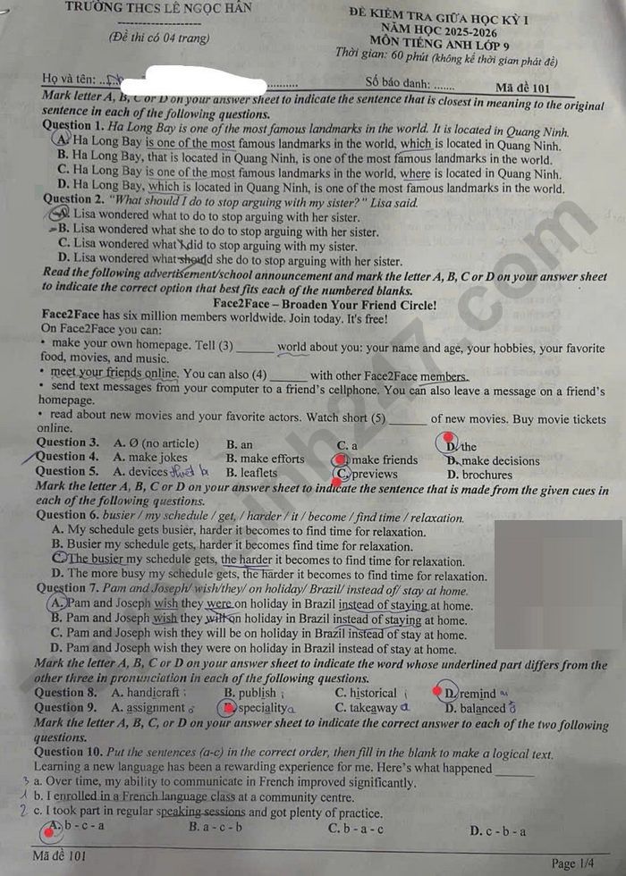 De thi giua ki 1 nam 2025 lop 9 mon Anh - THCS Le Ngoc Han