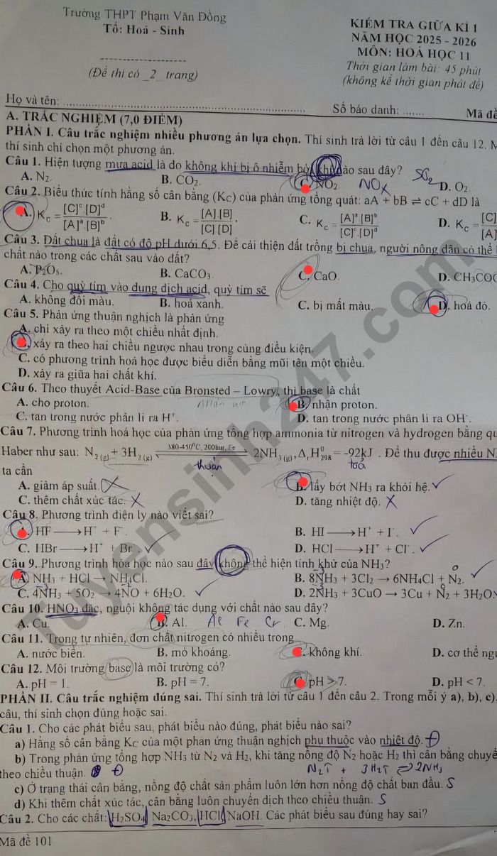 De thi giua ki 1 lop 11 mon Hoa - THPT Pham Van Dong 2025