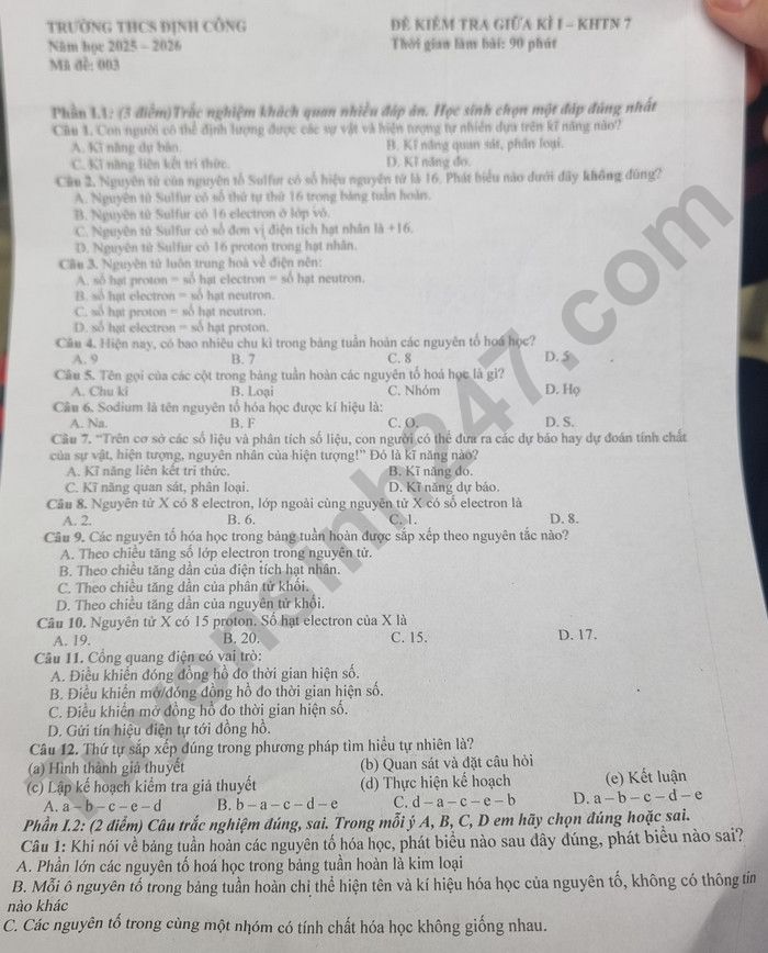 De thi giua ki 1 KHTN lop 7 THCS Dinh Cong 2025