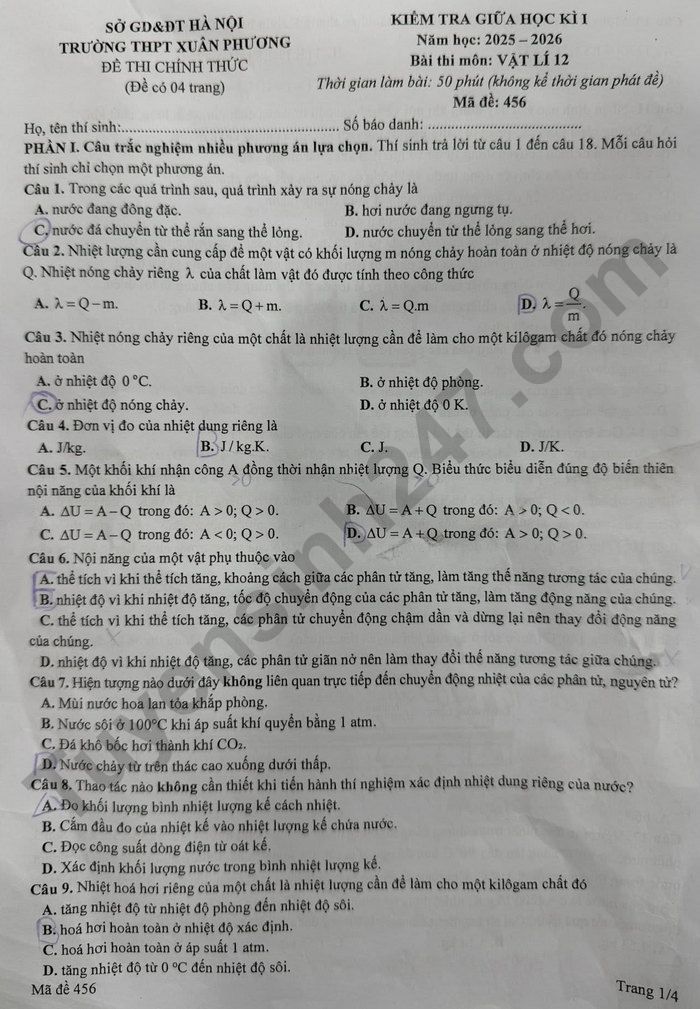 De thi giua hoc ki 1 nam 2025 THPT Xuan Phuong - lop 12 mon Ly