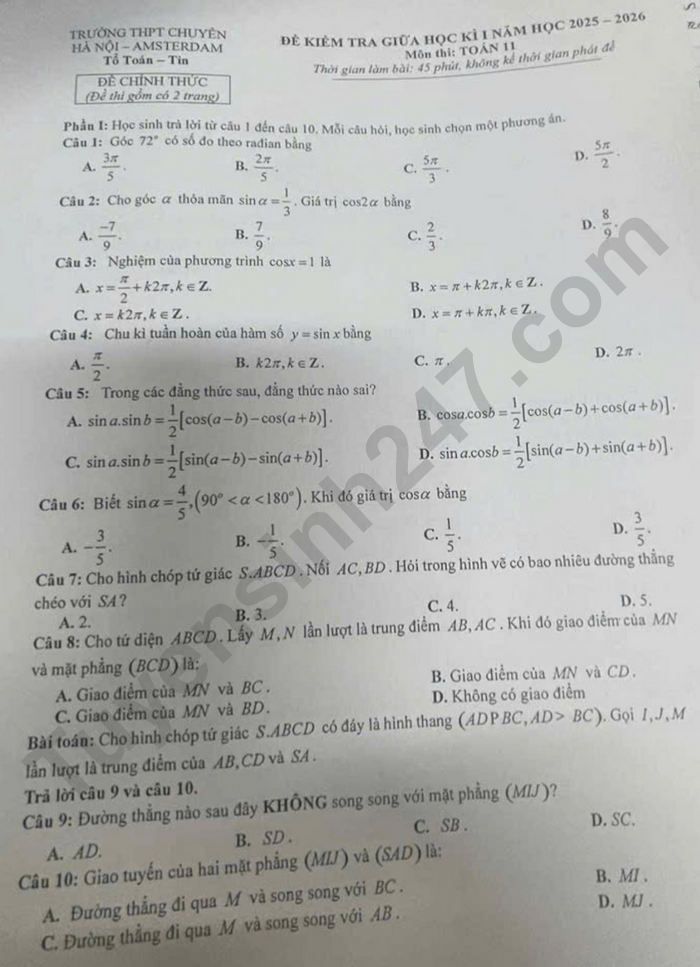 De thi giua ki 1 Toan 11 THPT Chuyen Ha Noi - Amsterdam 2025