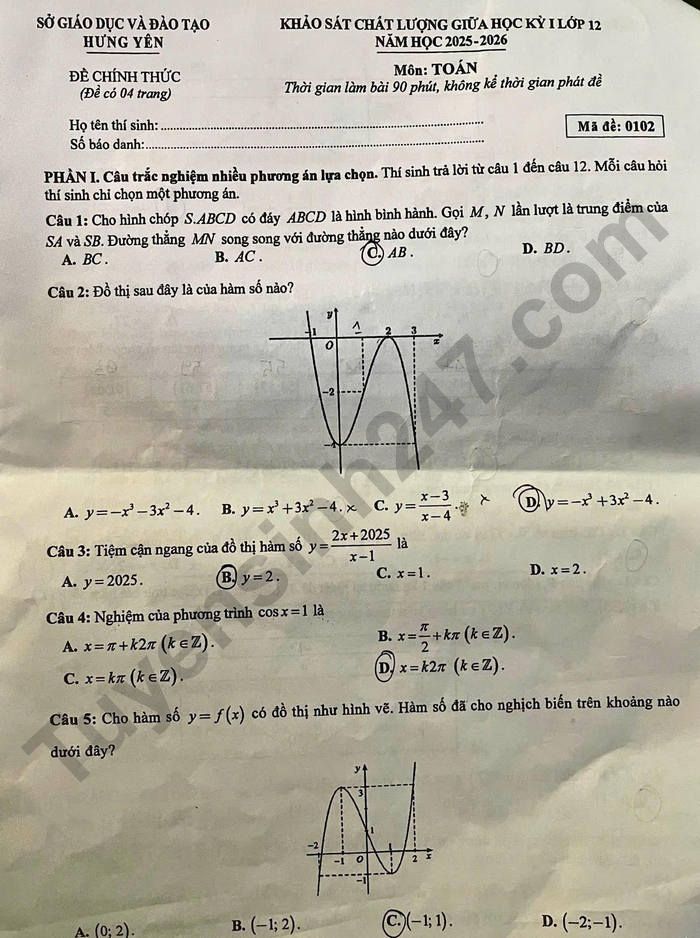 De thi giua ki 1 nam 2025 So GD Hung Yen - lop 12 mon Toan