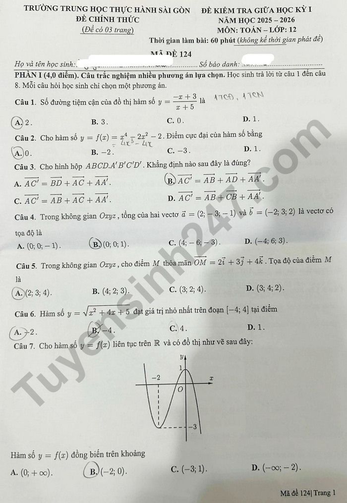 De thi giua HK1 mon Toan lop 12 Truong Trung hoc Thuc hanh Sai Gon 2025