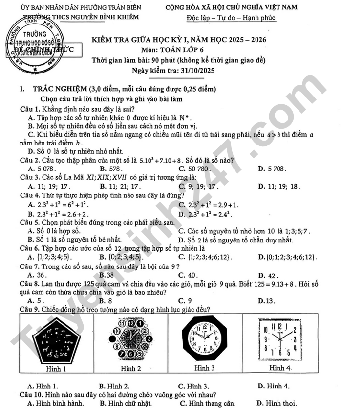 De thi giua ki 1 Toan lop 6 THCS Nguyen Binh Khiem 2025