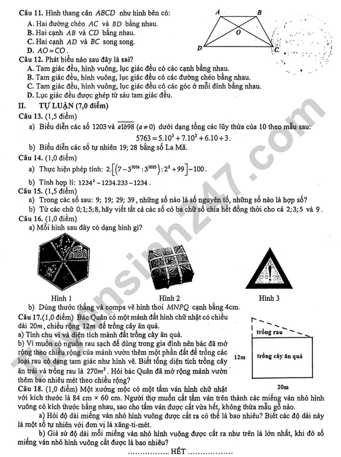 De thi giua ki 1 Toan lop 6 THCS Nguyen Binh Khiem 2025
