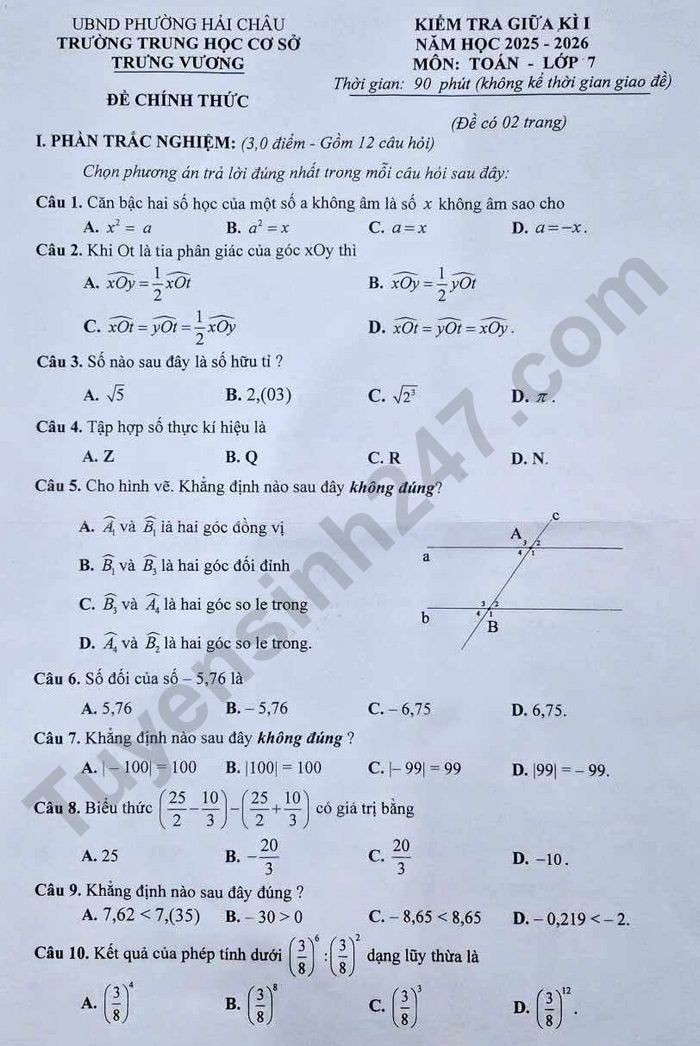 De thi giua ki 1 Toan lop 7 THCS Trung Vuong 2025
