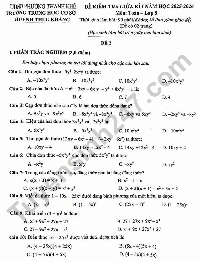 De thi giua ki 1 lop 8 mon Toan 2025 - THCS Huynh Thuc Khang