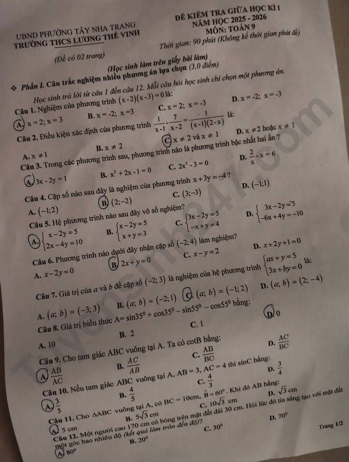 De thi giua ki 1 nam 2025 THCS Luong The Vinh - mon Toan 9