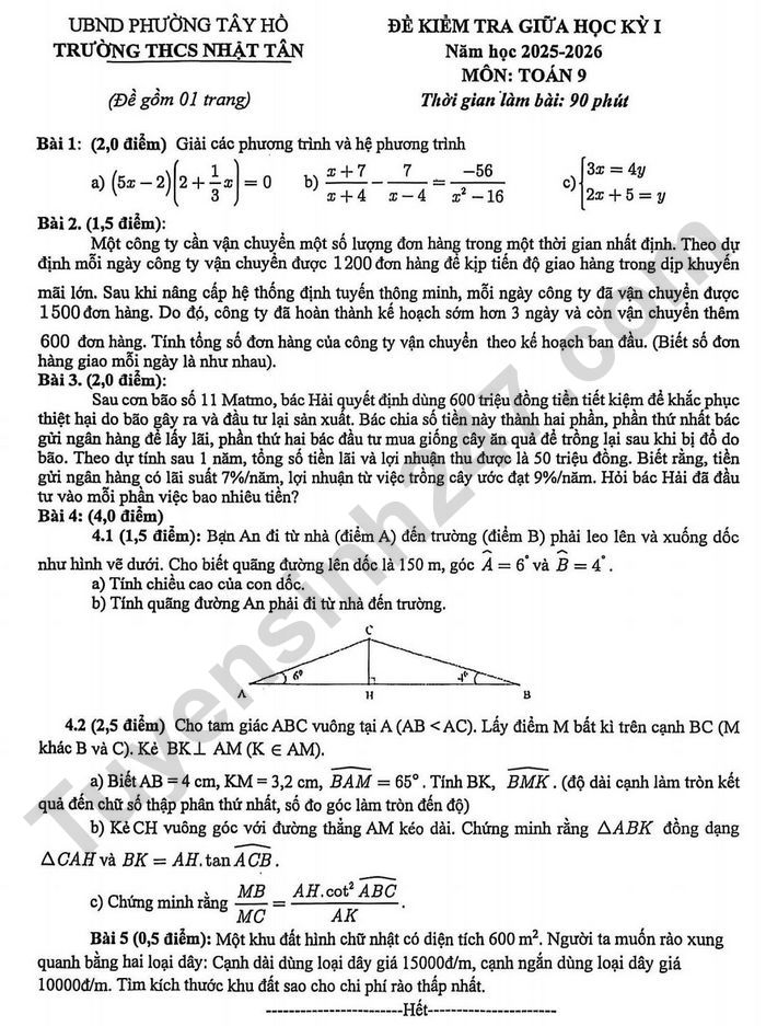 De thi giua ki 1 nam 2025 THCS Nhat Tan - Toan lop 9