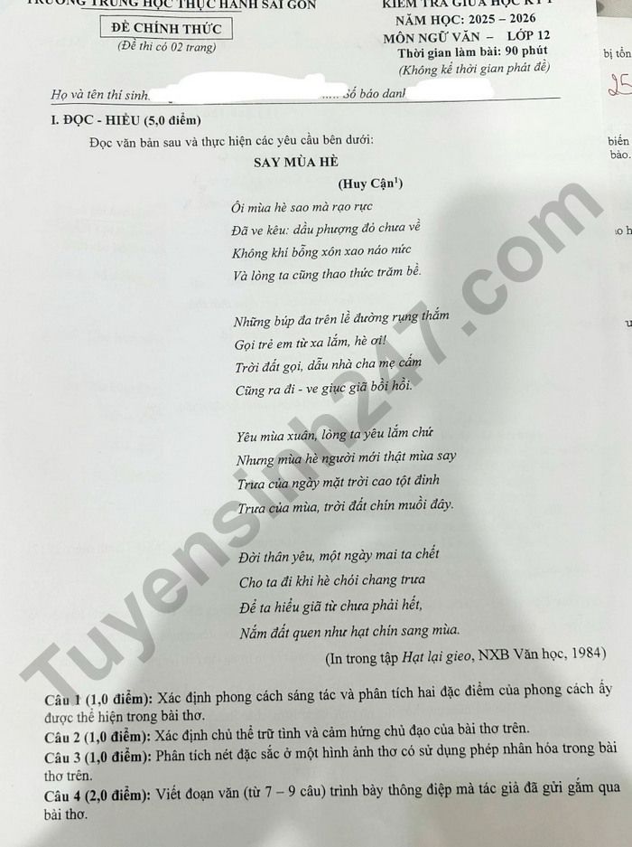 De thi giua ki 1 lop 12 mon Van 2025 - Truong Trung hoc Thuc hanh Sai Gon