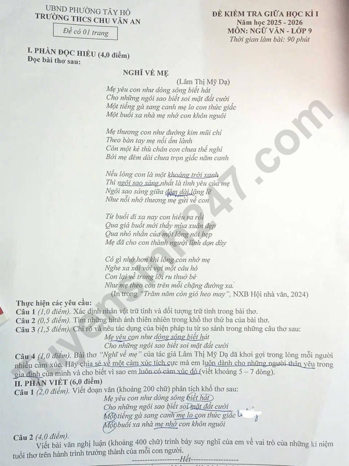 De thi giua ki 1 lop 9 mon Van 2025 - THCS Chu Van An