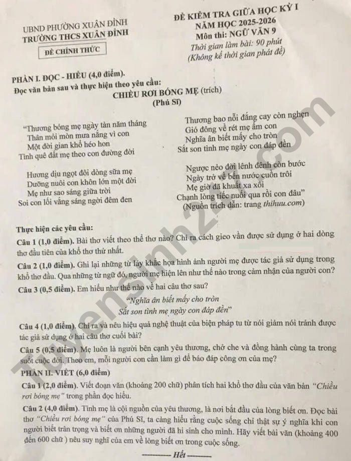 De thi giua ki 1 nam 2025 THCS Xuan Dinh - mon Van 9