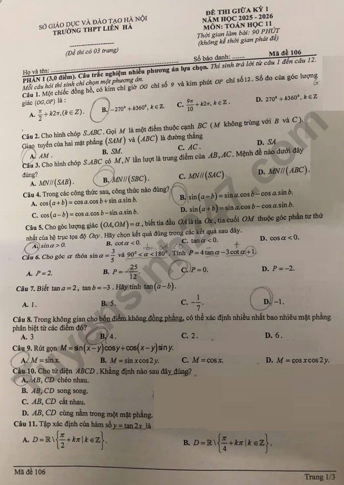 De thi giua ki 1 Toan lop 11 THPT Lien Ha 2025