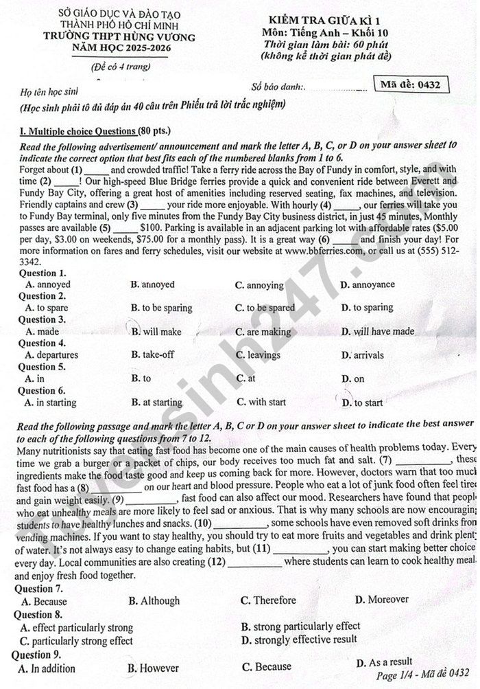 De thi giua ki 1 mon Anh lop 10 THPT Hung Vuong 2025