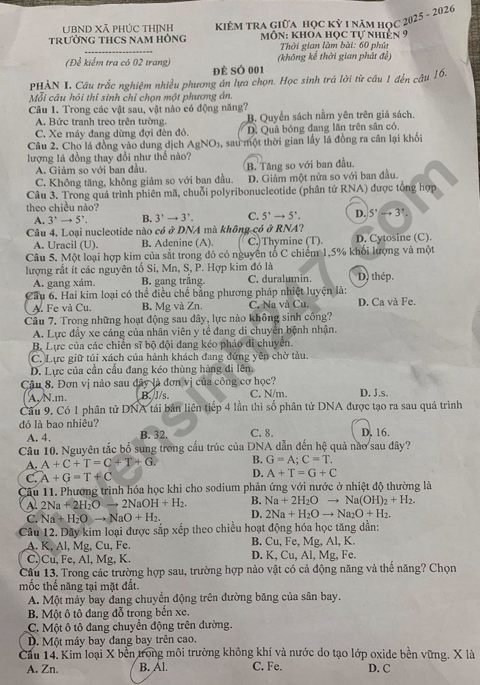 De thi giua ki 1 mon Khoa hoc tu nhien 9 - THCS Nam Hong 2025