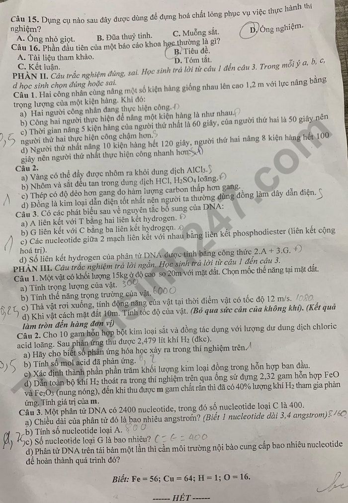 De thi giua ki 1 mon Khoa hoc tu nhien 9 - THCS Nam Hong 2025