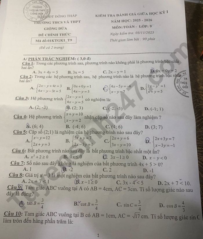 De thi giua ki 1 mon Toan 9 - THCS va THPT Giong Dua 2025