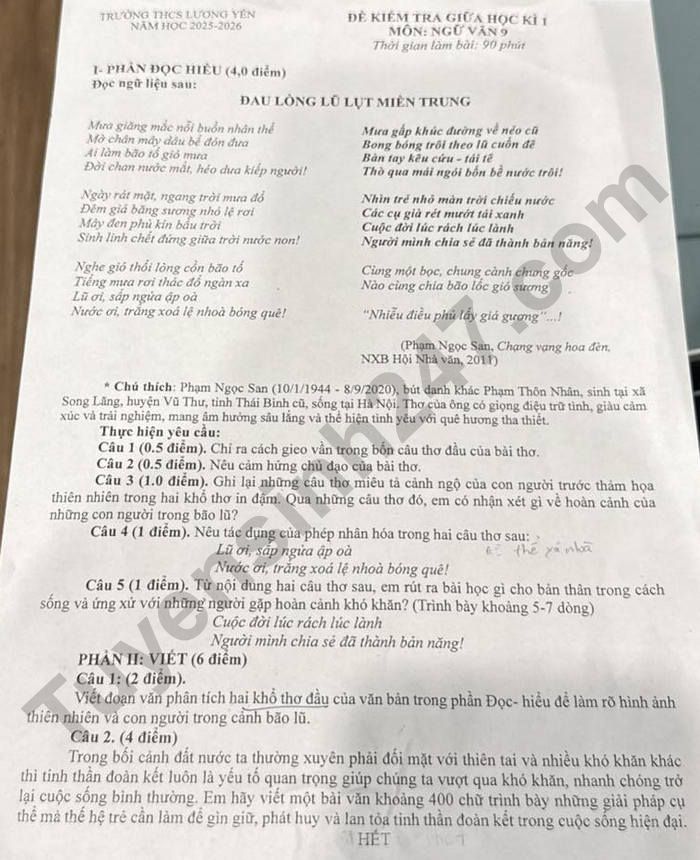 De thi giua hoc ki 1 mon Van 9 THCS Luong Yen 2025