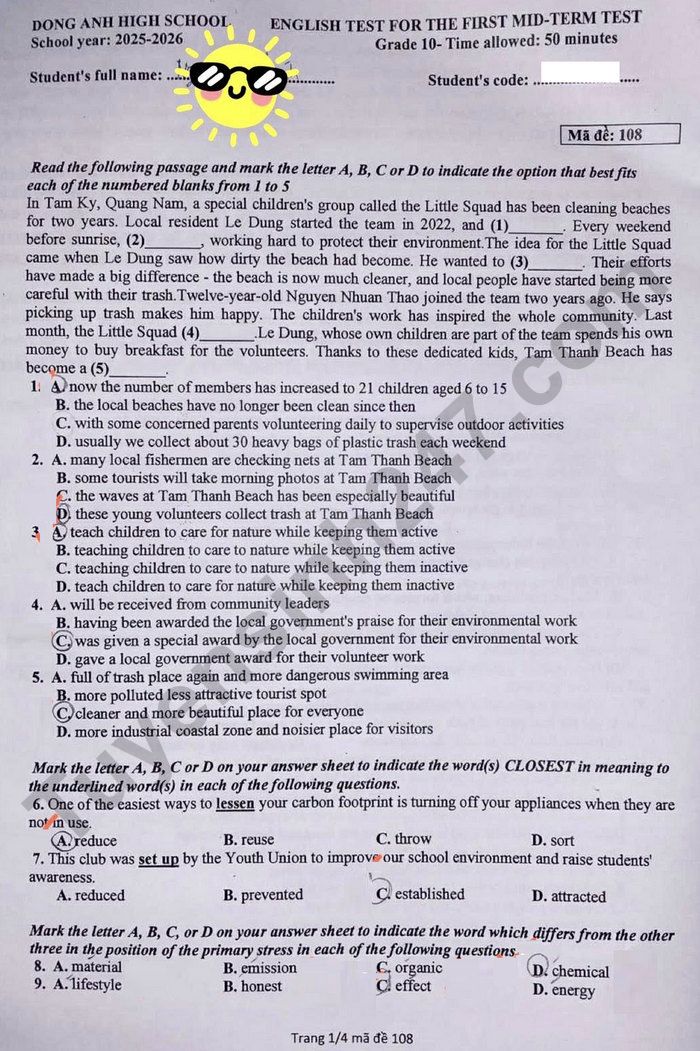 De thi giua ki 1 mon Anh lop 10 - THPT Dong Anh 2025