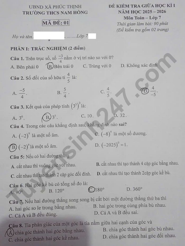 De kiem tra giua ki 1 lop 7 mon Toan 2025 - THCS Nam Hong