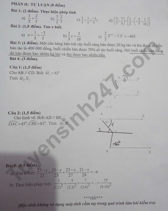 De kiem tra giua ki 1 lop 7 mon Toan 2025 - THCS Nam Hong