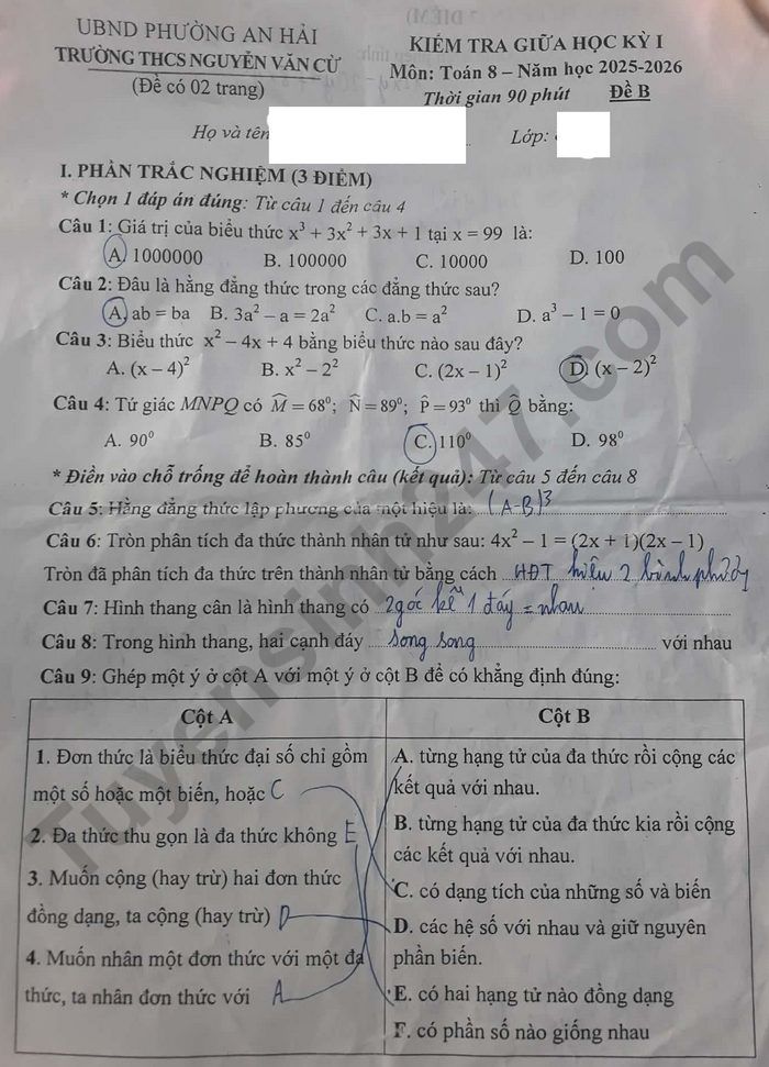 De kiem tra giua ki 1 mon Toan 8 THCS Nguyen Van Cu 2025