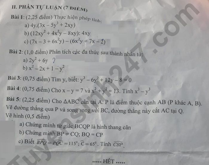 De kiem tra giua ki 1 mon Toan 8 THCS Nguyen Van Cu 2025