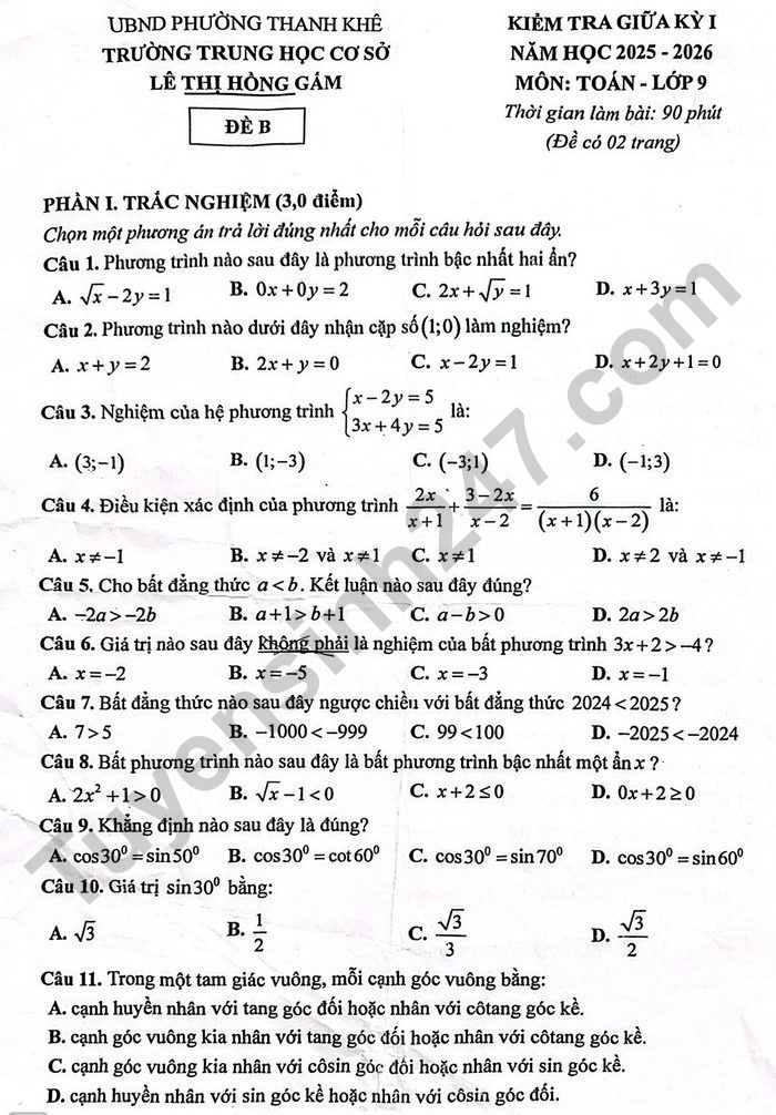 De thi giua ki 1 lop 9 mon Toan 2025 - THCS Le Thi Hong Gam