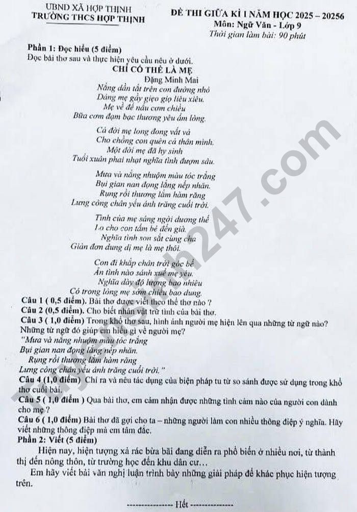 De thi giua ki 1 nam 2025 THCS Hop Thinh - lop 9 mon Van