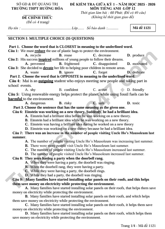 De thi giua ki 1 Anh lop 12 THPT Huong Hoa 2025 - co dap an
