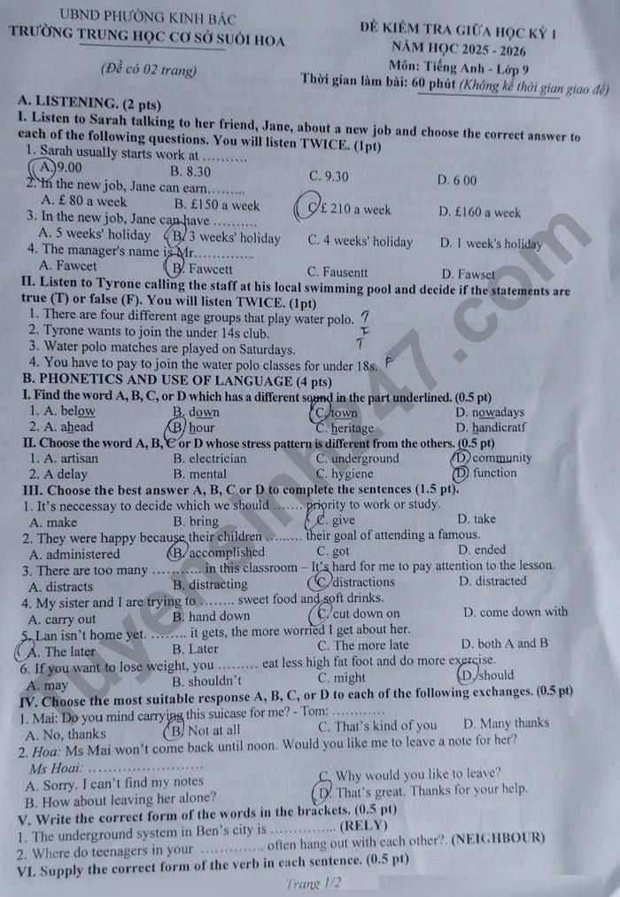 De thi giua hoc ki 1 lop 9 mon Anh 2025 - THCS Suoi Hoa