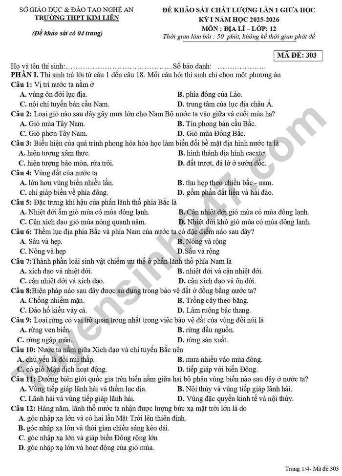 De thi giua ki 1 lop 12 mon Dia - THPT Kim Lien 2025