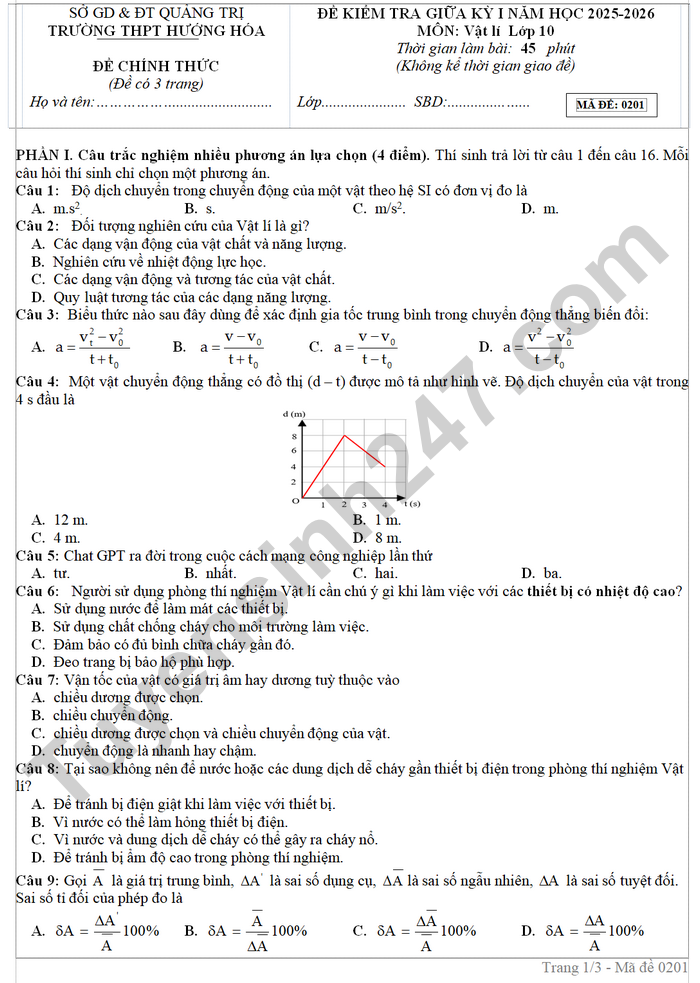 De thi giua ki 1 nam 2025 THPT Huong Hoa - lop 10 mon Ly (co dap an)