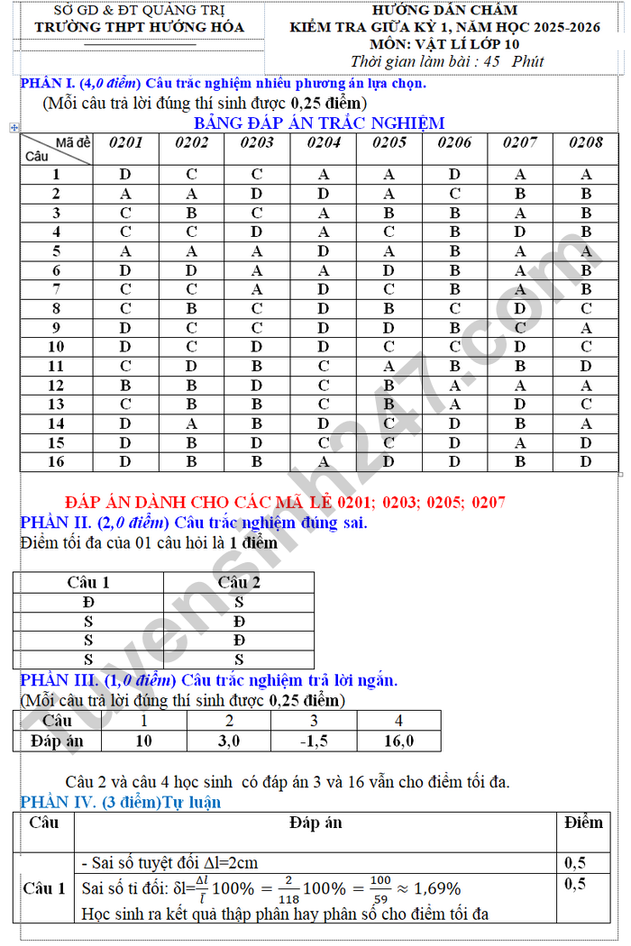 De thi giua ki 1 nam 2025 THPT Huong Hoa - lop 10 mon Ly (co dap an)