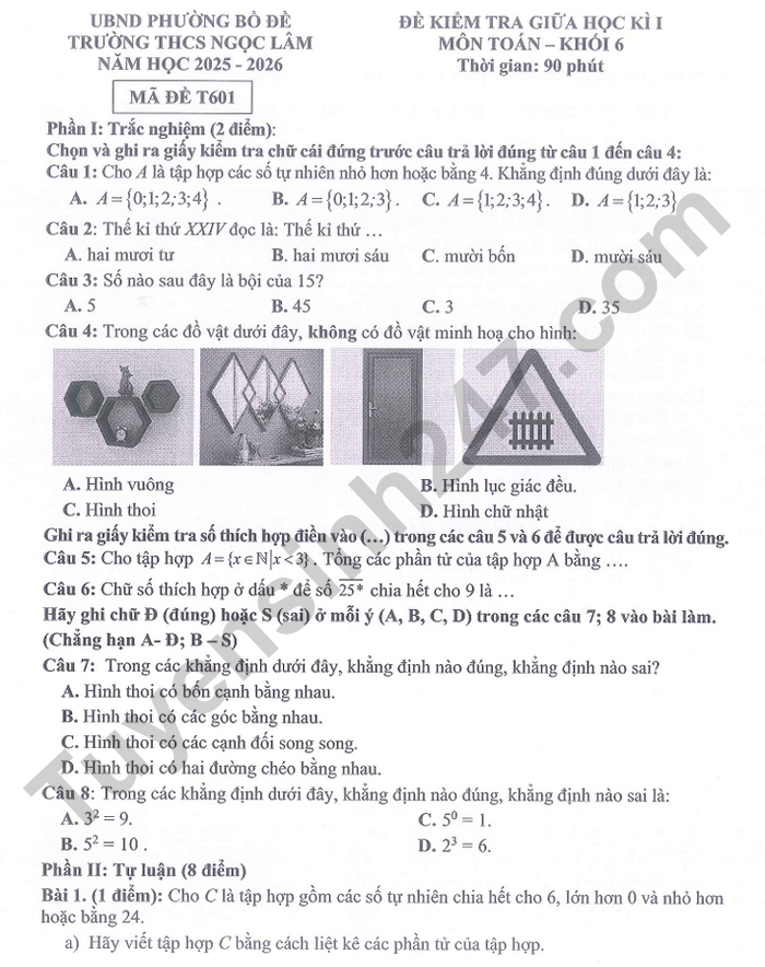 De thi giua hoc ki 1 Toan 6 THCS Ngoc Lam 2025