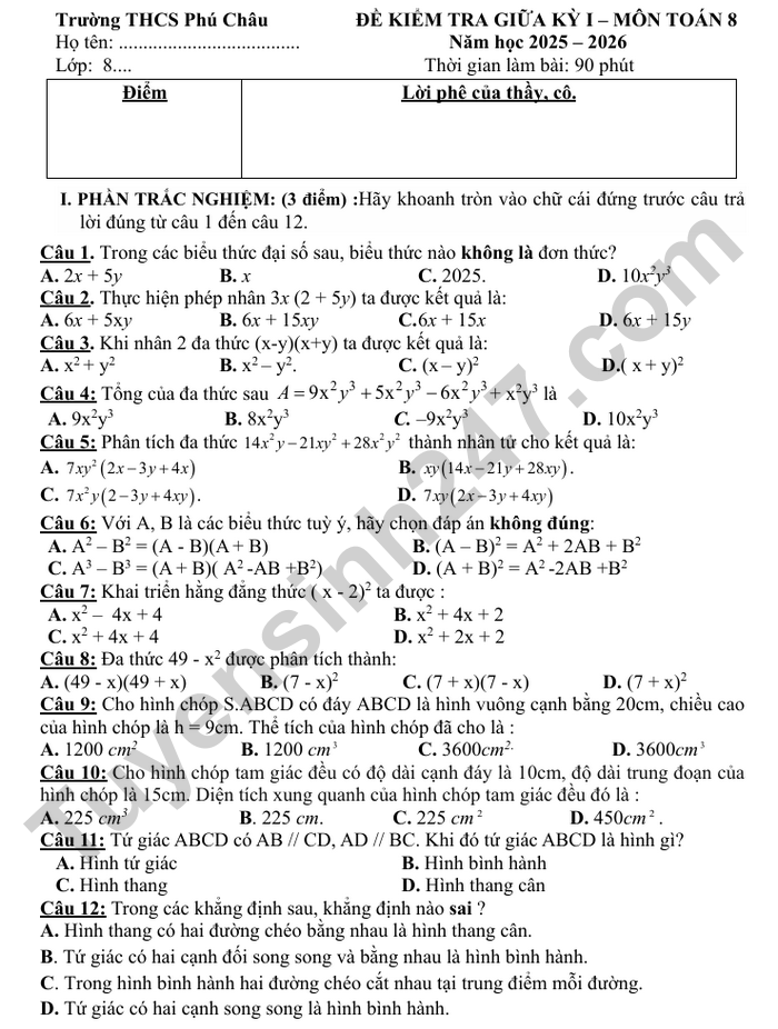 De thi giua ki 1 mon Toan 8 THCS Phu Chau 2025 - co dap an