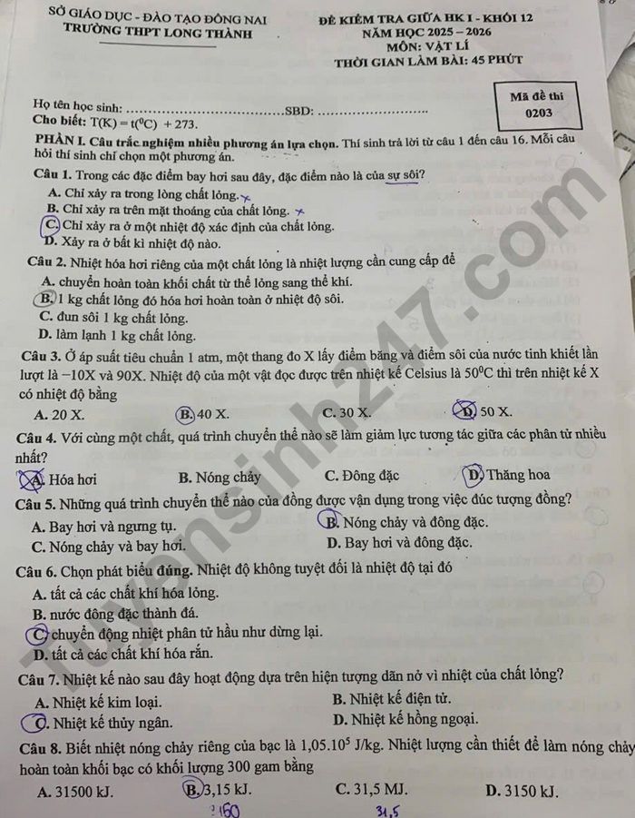 De thi giua HK1 lop 12 mon Ly nam 2025 - THPT Long Thanh