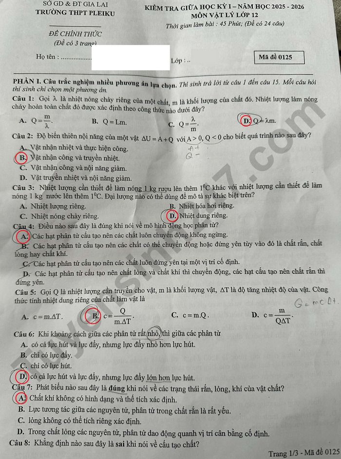 De thi giua ki 1 nam 2025 THPT Pleiku - lop 12 mon Ly