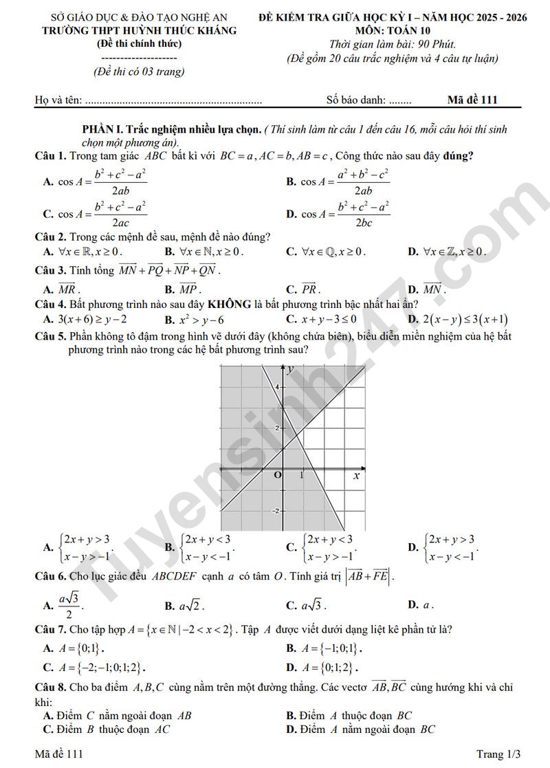 De thi giua ki 1 lop 10 mon Toan 2025 - THPT Huynh Thuc Khang