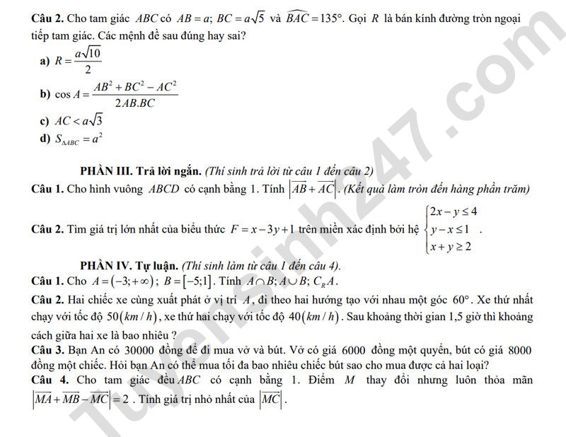 De thi giua ki 1 lop 10 mon Toan 2025 - THPT Huynh Thuc Khang